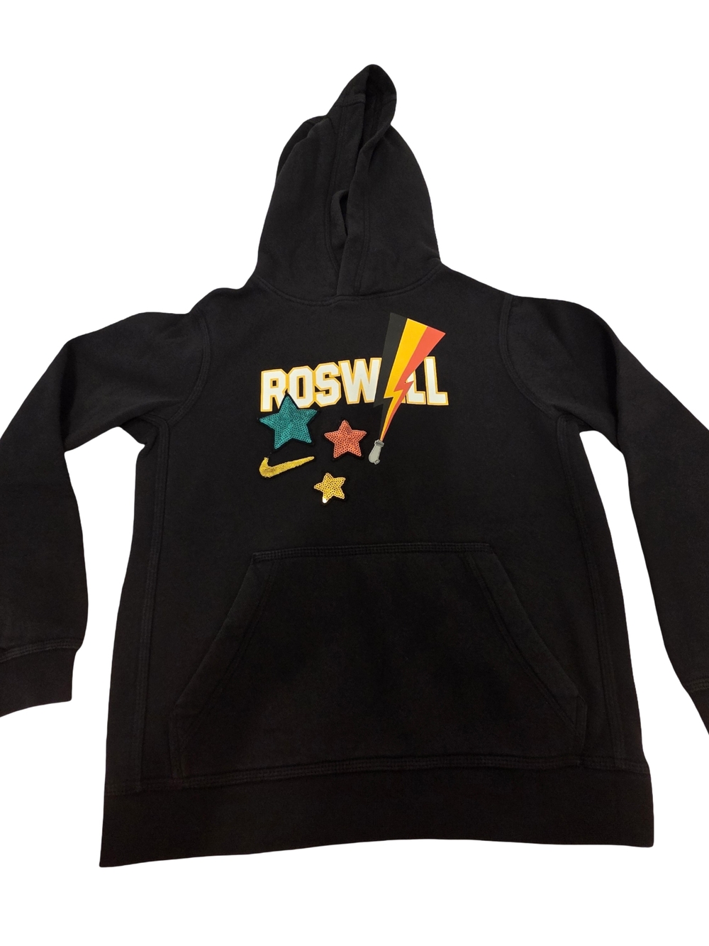 Nike Kid's Black Hoodie with Multicolor Stars & Lightning Graphic
